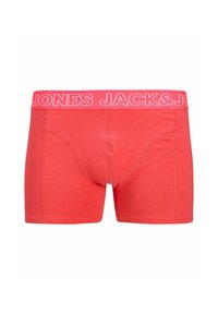 Red boxer shorts with a soft fabric, featuring a wide elastic waistband labeled "JACK & JONES" in light pink, designed for comfort and fit.