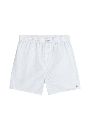 Boxers a rayas blancas y azul claro con una cintura elástica, que presentan un cierre frontal de botones y un pequeño logo bordado en la esquina inferior.