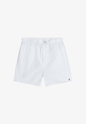 Boxers a rayas blancas y azul claro con una cintura elástica, que presentan un cierre frontal de botones y un pequeño logo bordado en la esquina inferior.