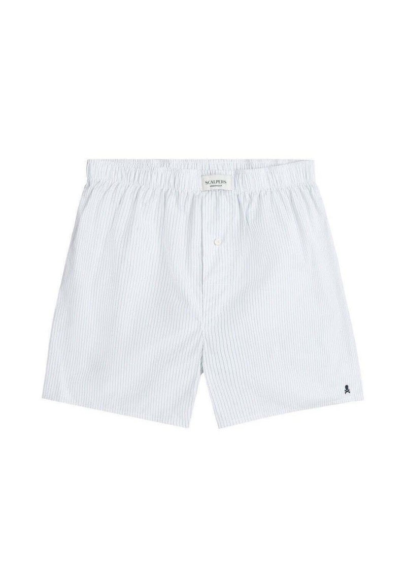 Boxers a rayas blancas y azul claro con una cintura elástica, que presentan un cierre frontal de botones y un pequeño logo bordado en la esquina inferior.