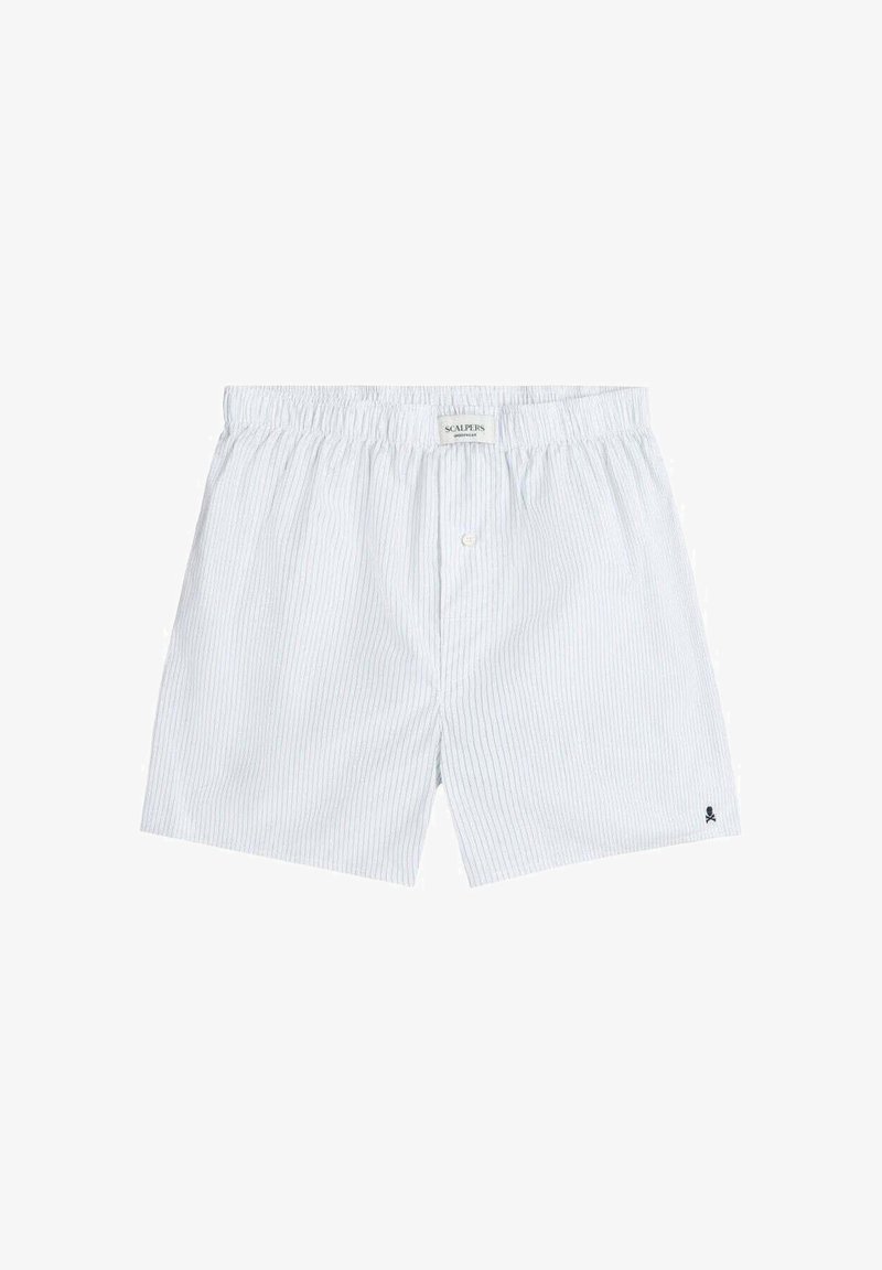 Boxers a rayas blancas y azul claro con una cintura elástica, que presentan un cierre frontal de botones y un pequeño logo bordado en la esquina inferior.