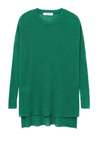 Vihreä poimutettu neulepaita, jossa on pitkät hihat, pyöreä pääntie ja kerroksittainen helma. Kangas on kevyt kiilto ja pehmeä tekstuuri.