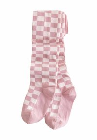 Roosa ja valge ruuduline sokk, mis on valmistatud pehmest ja venivast materjalist, millel on sile tekstuur ning tugevdatud varvaste ja kanna piirkonnad.
