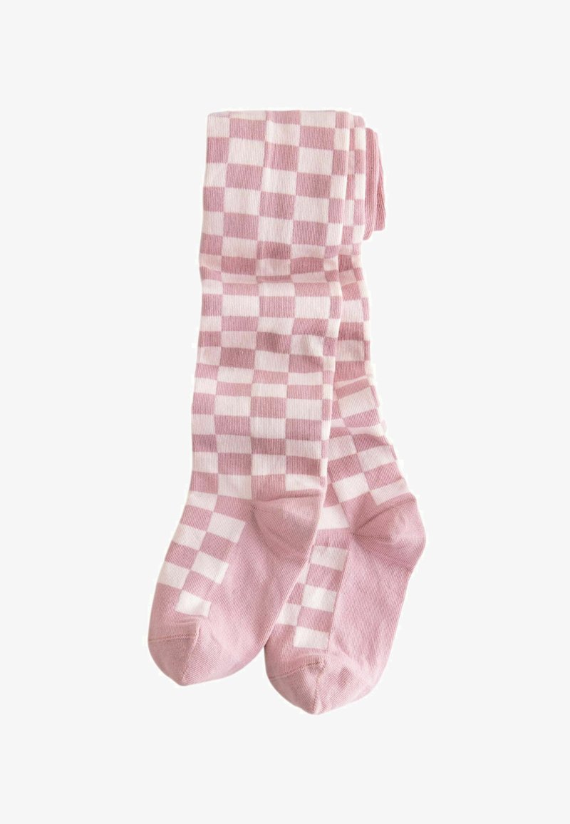 Roosa ja valge ruuduline sokk, mis on valmistatud pehmest ja venivast materjalist, millel on sile tekstuur ning tugevdatud varvaste ja kanna piirkonnad.