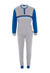 Maglietta grigia a maniche lunghe con dettagli blu e tre bottoni. Pantaloni grigi con polsini blu. Tessuto leggero e morbido con un design a righe sul petto.