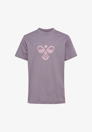 Gładki lawendowy t-shirt z krótkim rękawem z różowym abstrakcyjnym motywem przypominającym pszczołę na środku z przodu.