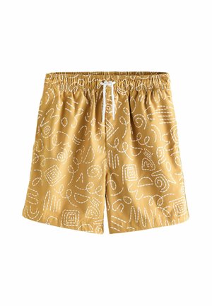 Pantaloni scurți galbeni cu talie elastică, snur alb și modele abstracte albe cusute în stil spiral și pătrat.