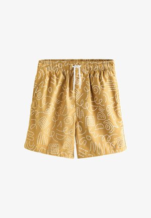 Pantaloni scurți galbeni cu talie elastică, snur alb și modele abstracte albe cusute în stil spiral și pătrat.