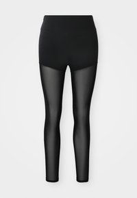 Zwarte leggings met een stevige hoge tailleband en doorzichtige netpanelen die de benen bedekken van het midden van de dij tot de enkels.