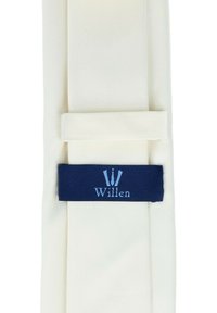 Cream-colored tie with a smooth texture. Features a dark blue label with the text "Willen" in light blue. Classic design, no patterns.
