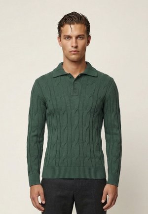 Jeune homme portant un pull polo à manches longues en maille torsadée vert foncé et un pantalon foncé, debout devant un fond clair uni.