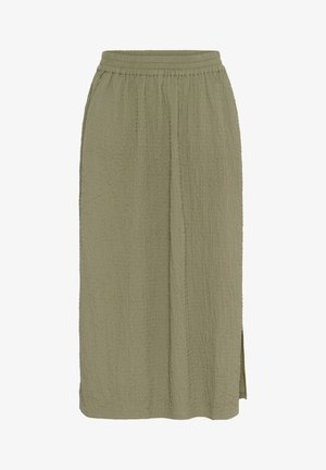 Gonna midi verde oliva realizzata in tessuto testurizzato, con vita elasticizzata e uno spacco laterale per una maggiore libertà di movimento.