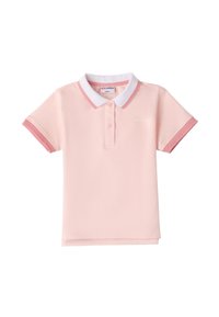 Polo in rosa chiaro, realizzato in un misto cotone con colletto bianco e bordo rosa sulle maniche. Presenta una chiusura a tre bottoni e un logo ricamato.
