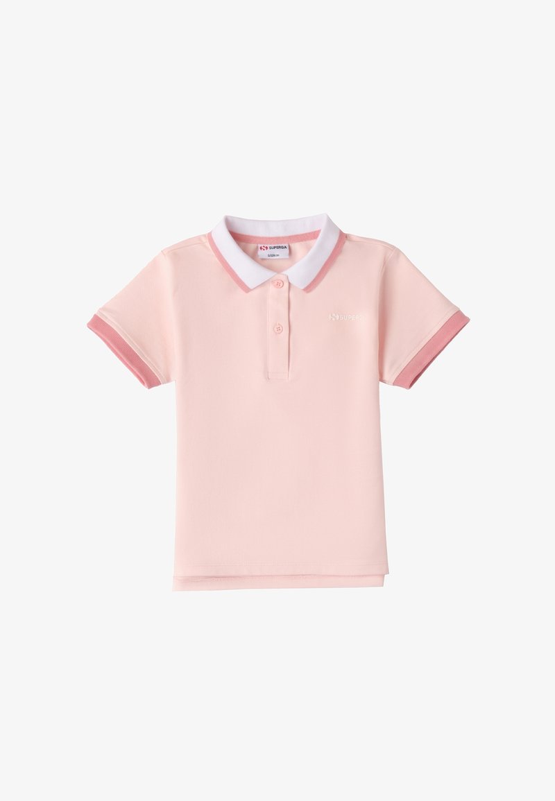 Koszulka polo w jasnoróżowym kolorze, wykonana z bawełnianej mieszanki, z białym kołnierzykiem i różowymi wykończeniami rękawów. Posiada trzy guziki oraz haftowane logo.