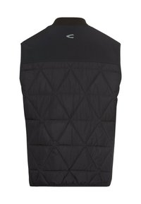 Schwarze gepolsterte Weste mit einem rautenförmigen Steppmuster, geripptem Kragen und einem Logo auf der Rückseite. Hergestellt aus leichtem, wasserabweisendem Material.