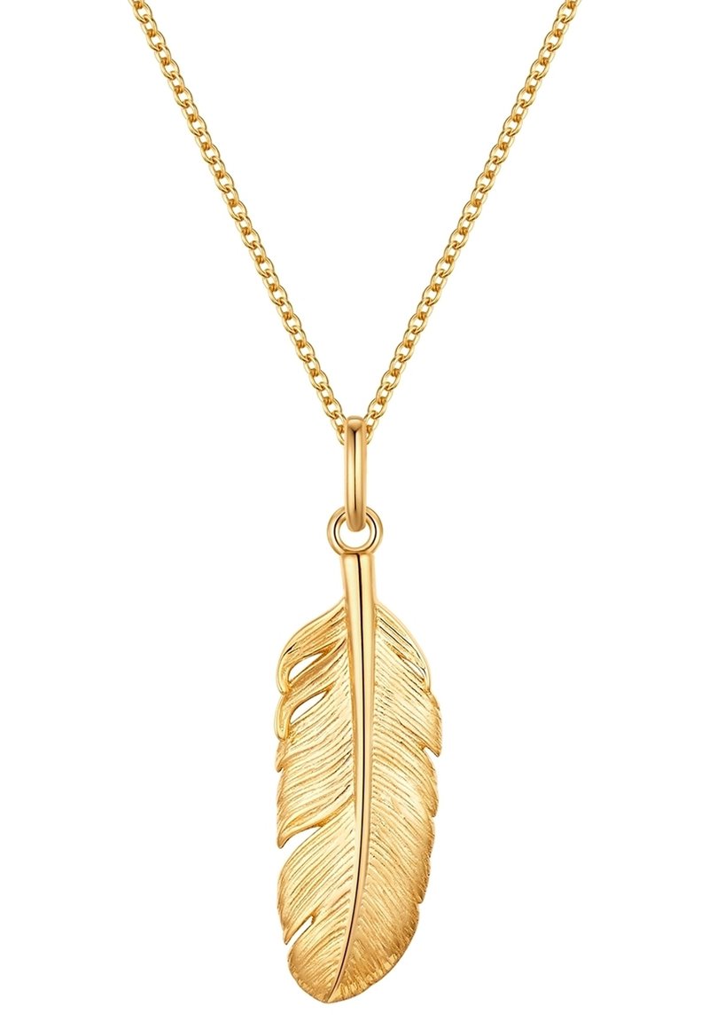 Auksinė plunksnų pakabukas su kruopščiai išdirbtu dizainu, pakabintas ant plonos grandinėlės. Yra tekstūruotas paviršius ir poliruotas apdaila.