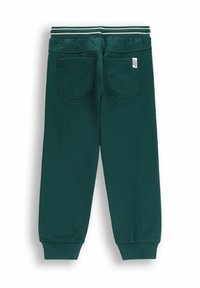 Zielone bawełniane dresy z prążkowanym paskiem w talii, wyposażone w dwie tylne kieszenie. Rękawy są elastyczne, co zapewnia dopasowany krój.