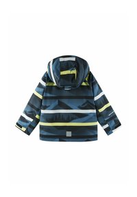 Blau-schwarze Jacke mit geometrischen Mustern, die Streifen in Gelb und Weiß aufweist. Enthält eine Kapuze und elastische Bündchen. Wasserabweisendes Material.