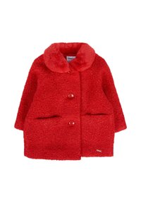Cappotto testurizzato rosso per bambini piccoli con colletto in pelliccia, due bottoni frontali e tasche, progettato per calore e stile.
