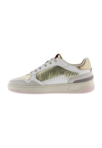 Sneakers featuring a mix of white leather, light gray suede, and metallic olive accents, with a textured side panel and pink rubber sole.