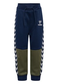 Marina sweatpants med olivgröna paneler, med en dragsko i midjan, sidostripes i vitt och en logotyp fram.