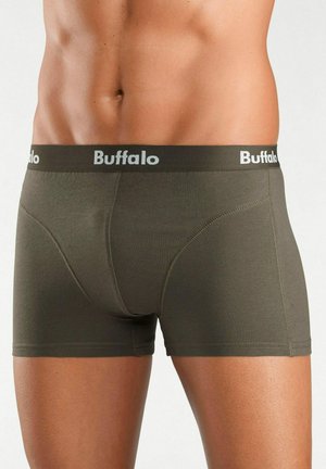 Dunkelolivgrüne Boxershorts aus glattem Stoff mit einem elastischen Bund, der "Buffalo" in weißer Schrift zeigt, und einer figurbetonten Passform.