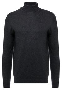 Dunkelgrauer, langärmeliger Rollkragenpullover aus glattem Strickstoff. Einfaches Design mit gerippten Bündchen und Kragen, das eine minimale Markenkennzeichnung aufweist.