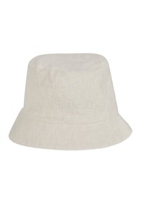Een bucket hat gemaakt van textuur, off-white stof, met een brede rand en een patroon ontwerp. Zacht en gestructureerde vorm met een naadloze kroon.