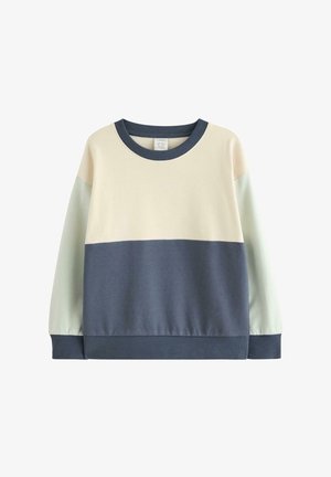 Felpa a blocchi di colore crema, blu navy e verde chiaro; presenta una scollatura rotonda e polsini a costine; realizzata in morbido misto cotone.
