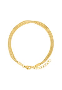 Collana in rete color oro con una texture liscia, dotata di chiusura a moschettone e di un'estensione della catena regolabile per personalizzare la misura.