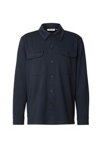 Chemise à manches longues bleu marine en tissu doux, avec une fermeture boutonnée à l'avant, un col et deux poches poitrine à boutons.