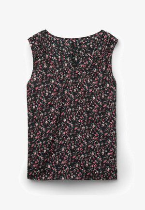 Black floral blouse with cap sleeves, featuring pink and white flowers in a scattered pattern, soft fabric, and a gathered neckline detail.