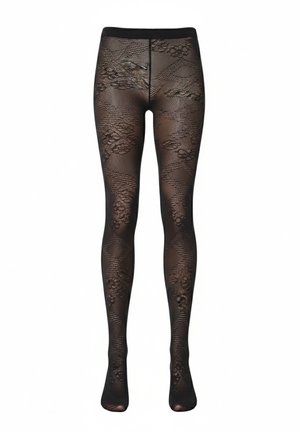Collants noirs transparents avec motif en dentelle florale et résille rayée, dotés d'une ceinture et de bouts de pieds opaques.