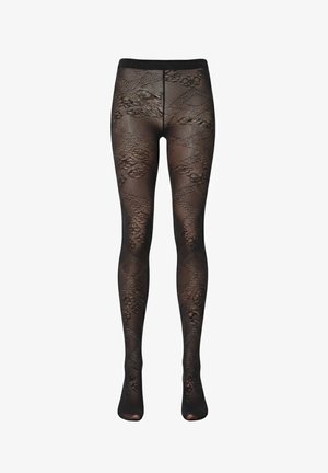 Collants noirs transparents avec motif en dentelle florale et résille rayée, dotés d'une ceinture et de bouts de pieds opaques.