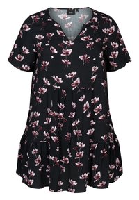 Svart kortärmad klänning med lös passform och rosa blommönster, med V-ringning och flerlagers volangkant.
