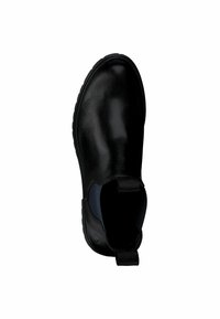 Black leather ankle boot with elastic side panels, round toe, and textured rubber sole. Smooth finish with a minimalist design.
