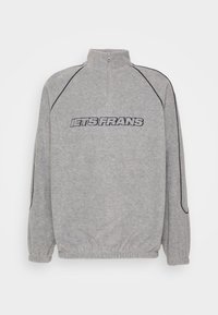 Grå zip-up sweatshirt med hög krage, med svarta detaljer och texten "IETS FRANS" i fet stil på framsidan. Mjuk textur på tyget.