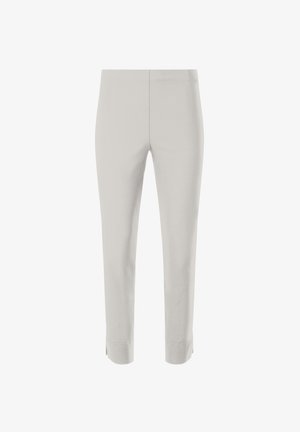 Hellgraue, maßgeschneiderte Hose mit schmaler Passform, glatter Textur und Knöchellänge. Verfügt über kleine Seitenschlitze am Saum und keine sichtbaren Taschen.