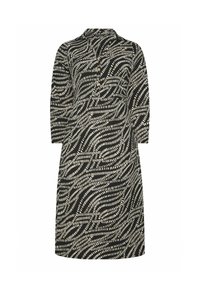 Czarna i biała sukienka w wzory do kolan z długimi rękawami, kołnierzykiem i trzema guzikami na przodzie.