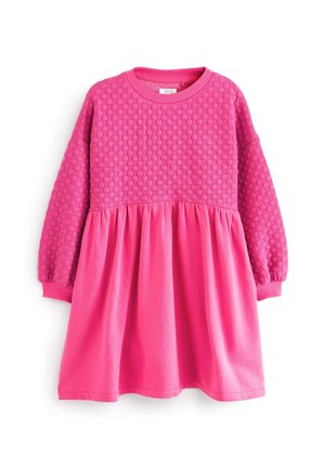 Rosa Kleid mit langen Ärmeln, das einen strukturierten Oberteil und einen glatten Rock aufweist, mit geraffter Taille sowie geripptem Halsausschnitt und Bündchen.