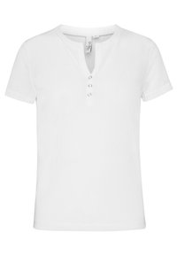 White short-sleeve top with a V-neck and three button accents at the neckline. Made of lightweight fabric with a smooth texture.