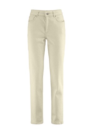 Lichtbeige recht gesneden jeans gemaakt van denim katoen. Heeft een vijf-pocket ontwerp, knoopsluiting en minimalistische stikseldetails.
