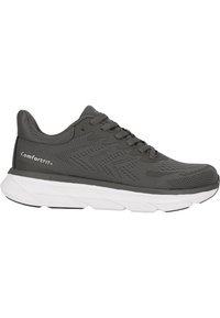 Grauer Sportschuh mit einem strukturierten Mesh-Obermaterial, kontrastierender weißer Mittelsohle und Schnüren. Verfügt über Zickzack-Muster an der Seite.
