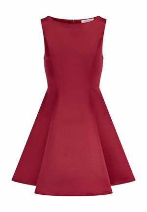 Rotes ärmelloses Kleid mit tailliertem Oberteil und ausgestelltem Rock. Hergestellt aus glattem Stoff, mit einem dezenten Glanz. Mit Reißverschluss im Rücken.