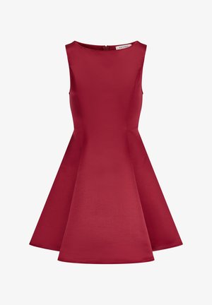 Rotes ärmelloses Kleid mit tailliertem Oberteil und ausgestelltem Rock. Hergestellt aus glattem Stoff, mit einem dezenten Glanz. Mit Reißverschluss im Rücken.