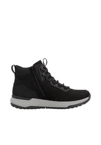 Czarne sneakersy w fasonie mid z teksturowaną powierzchnią, kontrastującą szaro-skalą, sznurówką z przodu oraz bocznym zamkiem. Zawierają wygodny kołnierz i solidny bieżnik.