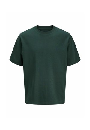 Dunkelgrünes Baumwoll-T-Shirt mit kurzen Ärmeln und Rundhalsausschnitt, auf weißem Hintergrund dargestellt.