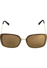 Gafas de sol de tono marrón con montura cuadrada. Brazos de metal con puntas de goma negra. Acabado brillante con un diseño minimalista.