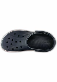 Navy blue clog with ventilation holes, textured footbed, and flexible heel strap. Made of lightweight, durable material.