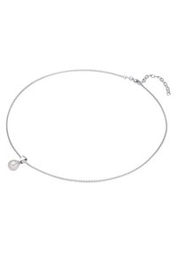 Collana in argento con pendente a perla bianca rotonda, dotata di un fermo semplice e lunghezza regolabile con una breve catena di estensione.